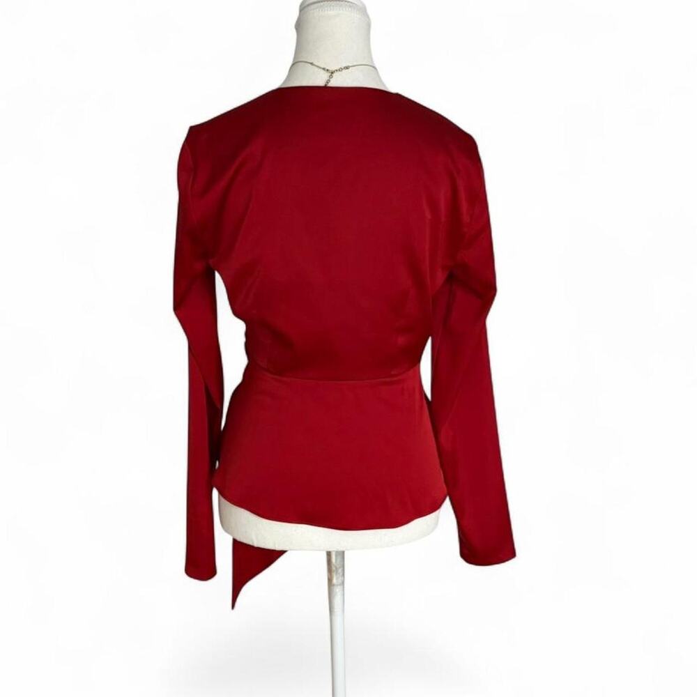 INC Red Satin Wrap Top With Tie + Buckle Detail NWT Size XS Office Siren Classy - Picture 2 of 5